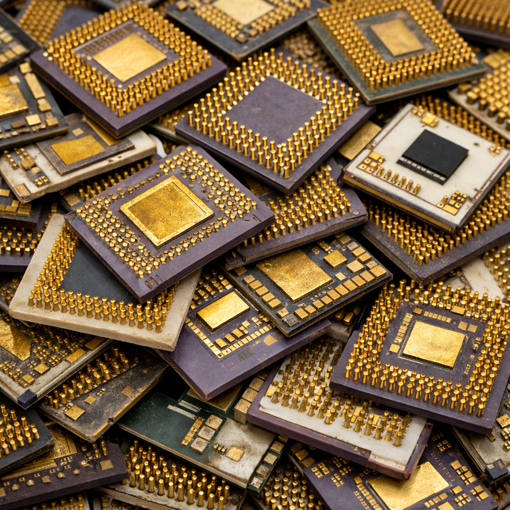 Ceramic CPU processor scrap for sale showing gold pins and ceramic substrates
